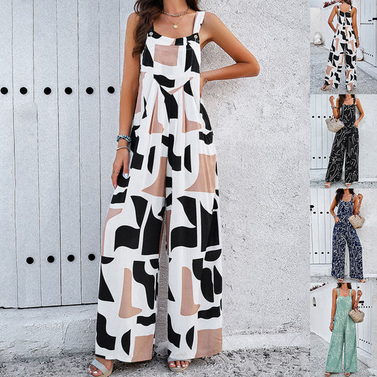 Fashion Print Square Neck Jumpsuit With Pockets