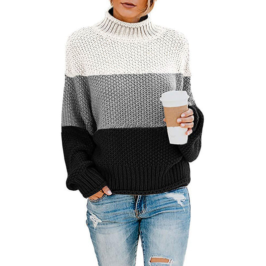 Thick line color matching high neck pullover