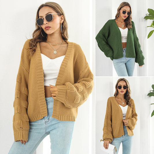 Puff Sleeve Cardigan Sweater Women Clothes Front Chunky Knitwear Coat